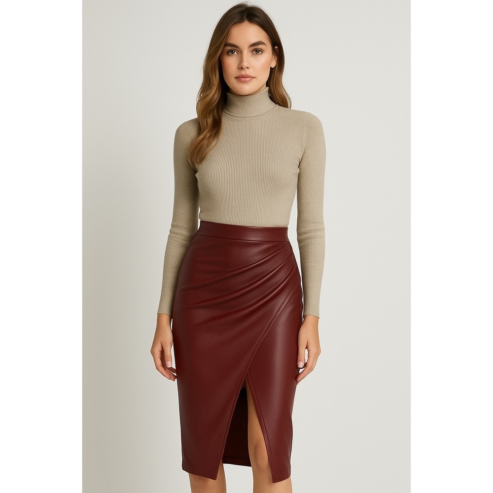Commense‎ Pleated Split PU Leather Skirt midi Burgundy size M